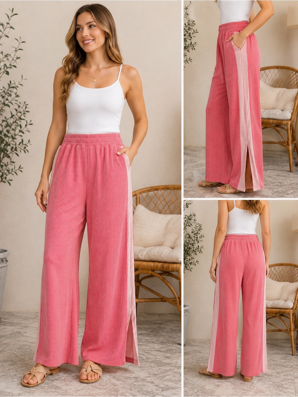Umgee Pink Wide-Leg Lounge Pants with Light Pink Side Stripe